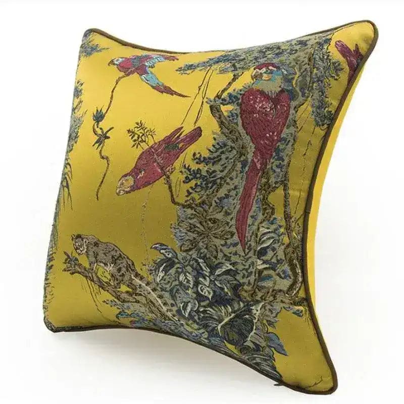 Golden jacquard throw pillow cover featuring vibrant birds and lush foliage, perfect for adding a touch of wilderness to your home decor.