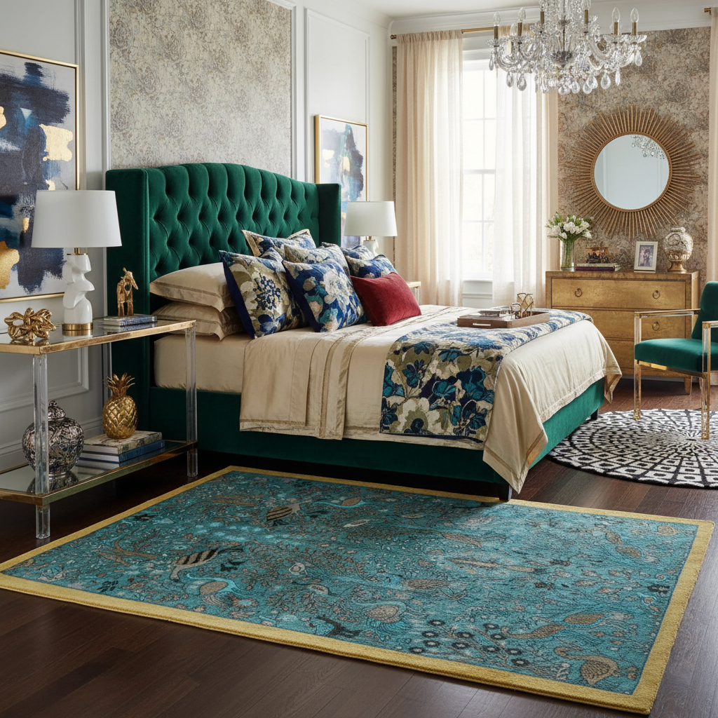 Luxurious bedroom with a green upholstered bed, floral blue rug, and decorative elements.