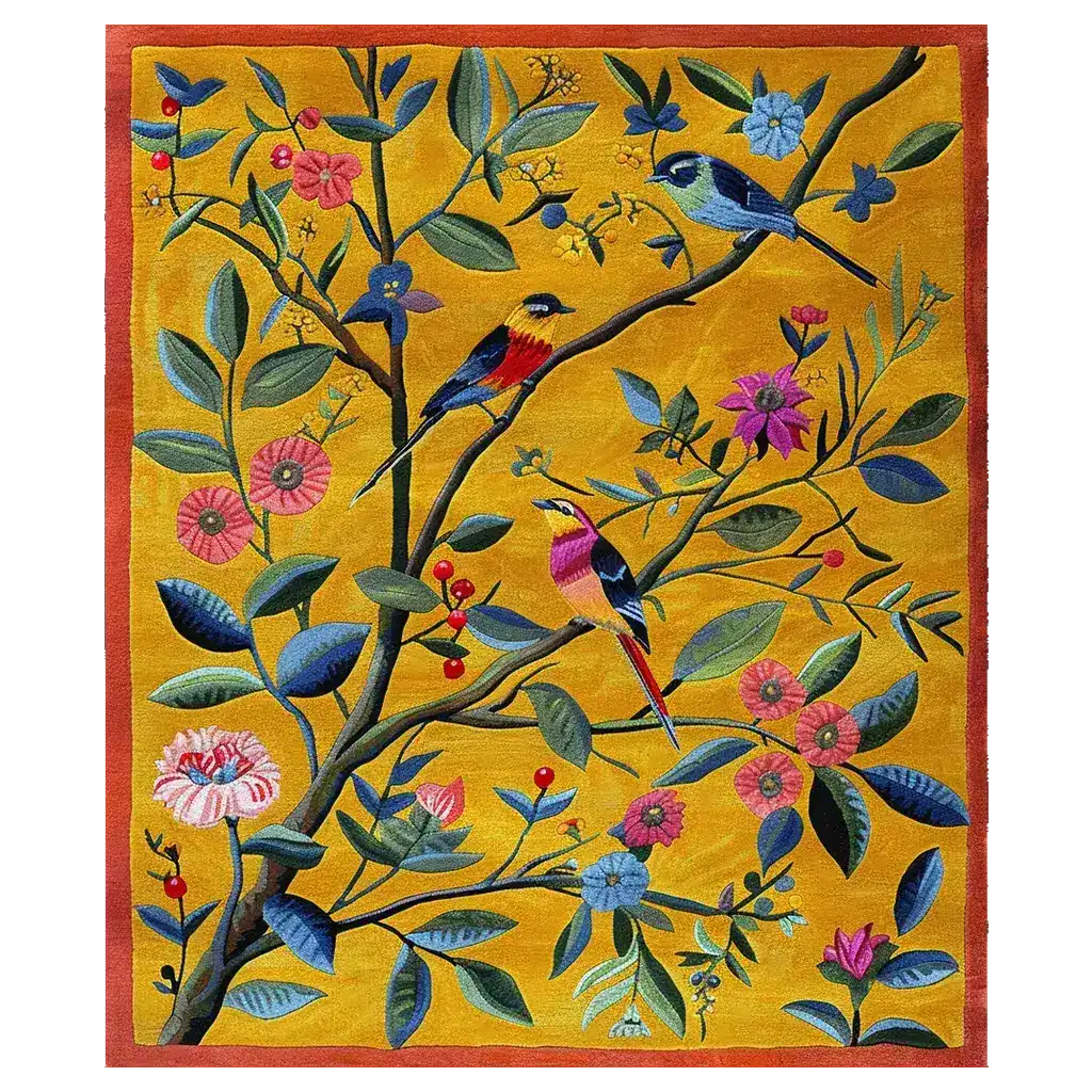Vibrant Birdsong Blossom Hand Tufted Area Rug perfect for a living room, featuring an intricate design of colorful birds and flowers on a rich yellow wool backdrop. Ideal for those seeking large living room rugs or area rugs for a cozy and artistic touch.