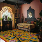 A vibrant, hand-tufted area rug featuring a birdsong blossom design in a cozy living room setting. The wool rug showcases colorful floral patterns with birds, adding a lively touch to the large living room. Perfect for enhancing the aesthetic of any area, this rug is a standout piece for a stylish and inviting living space.