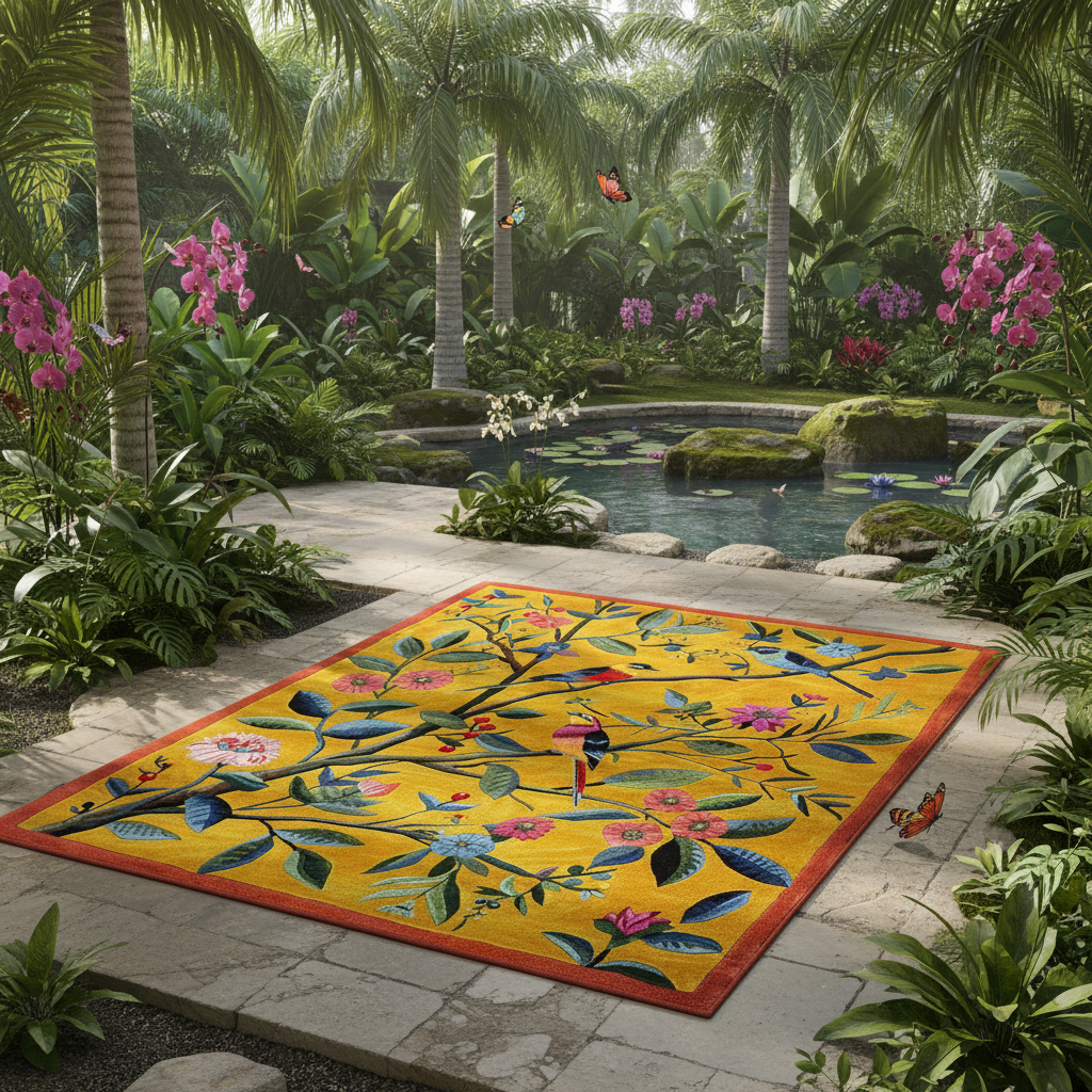 Colorful rug with floral and bird design on a stone patio surrounded by tropical plants and a pond.