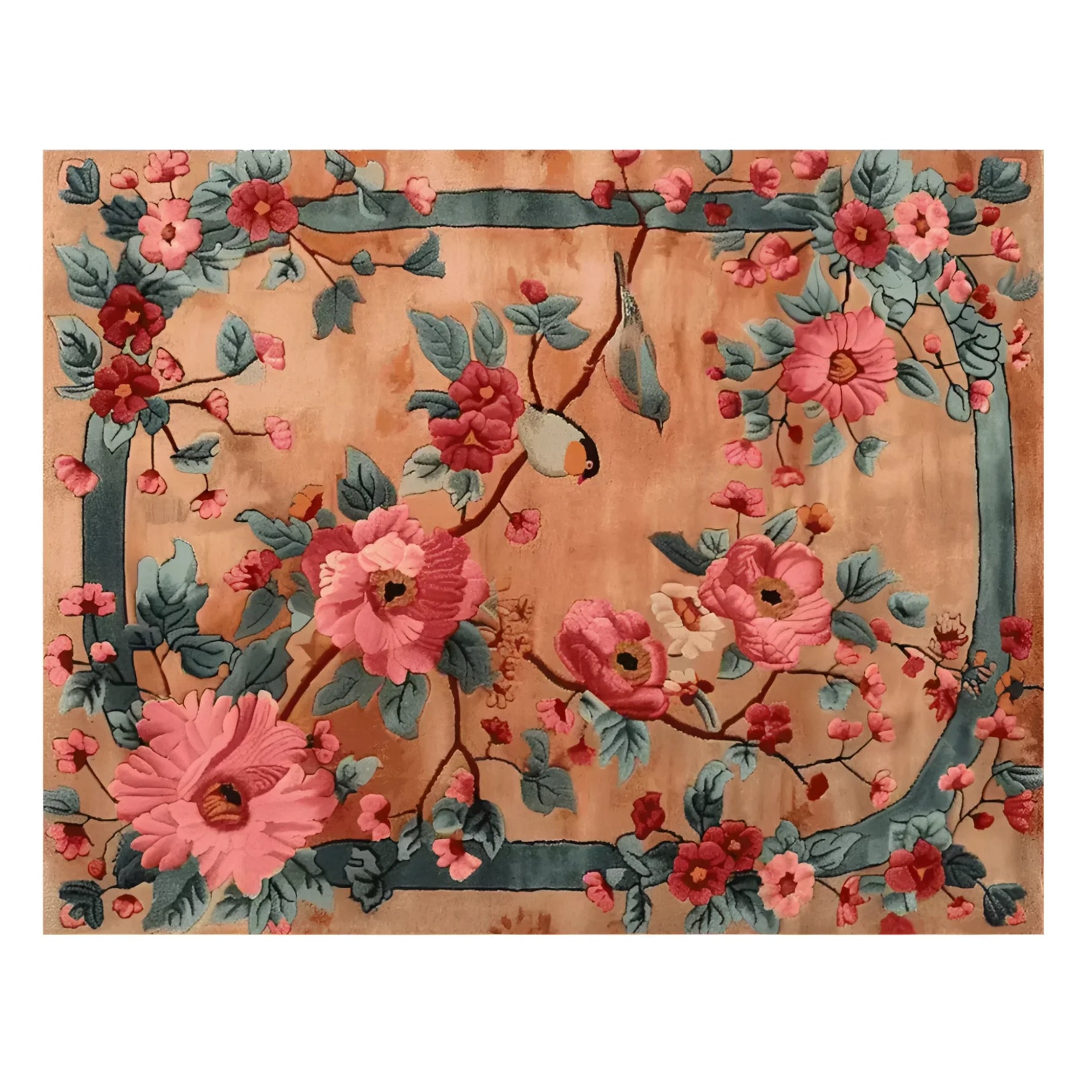 A beautifully crafted wool area rug featuring vibrant pink and red floral patterns with intricate bird designs. Perfect as a large office rug, this floral rug brings elegance and warmth to any office space with its hand-knotted details.