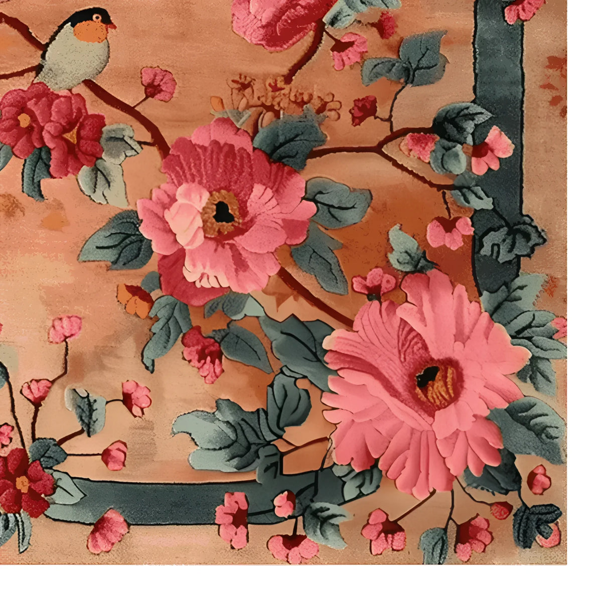 Close-up of the Birdsong in Bloom Hand Knotted Area Rug featuring a vibrant floral design with pink flowers and a bird motif. Ideal for office spaces, this large wool rug brings a touch of nature and elegance to your decor.