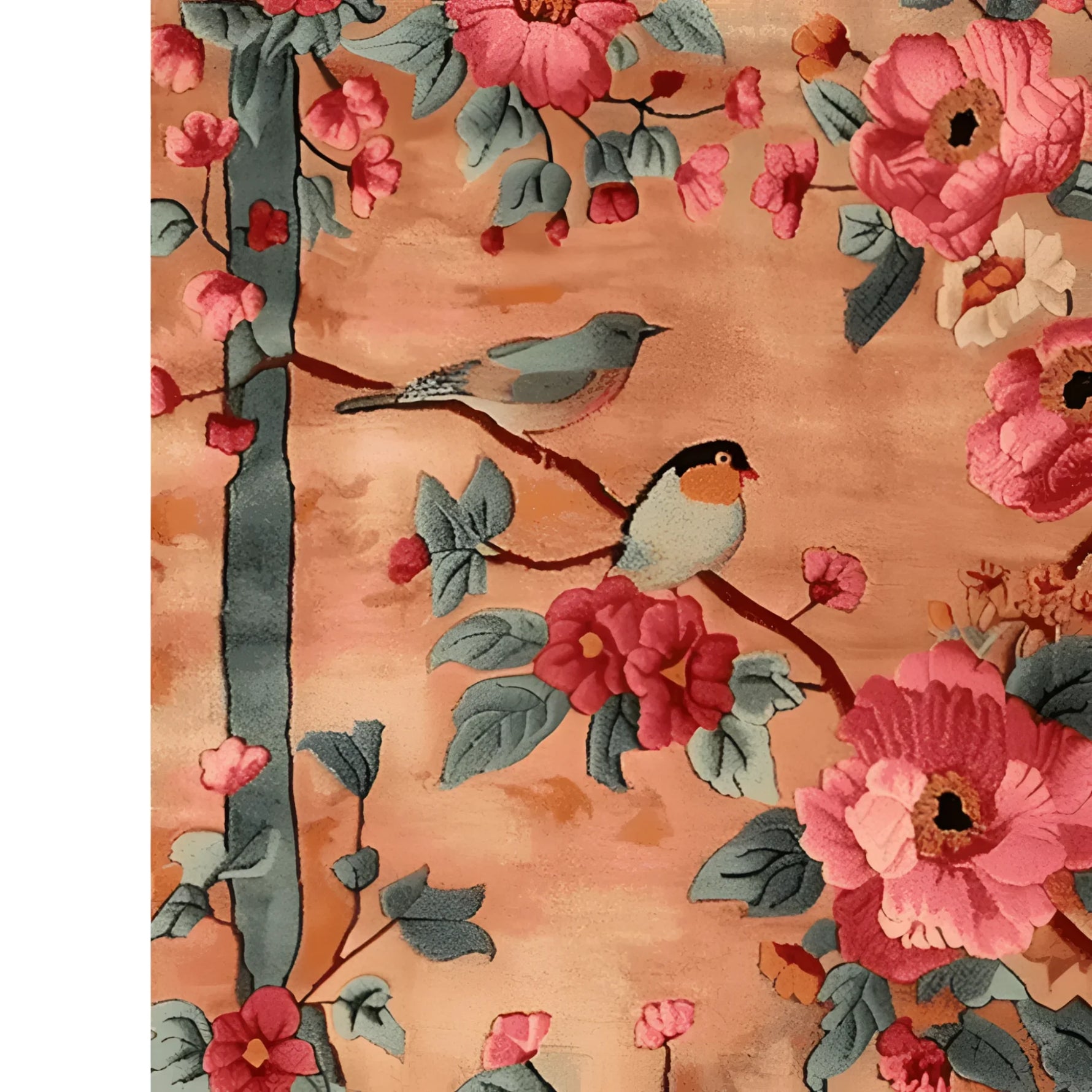 A beautifully detailed area rug featuring a vibrant floral design with birds perched on branches, perfect for adding a touch of nature to your office. This large wool rug showcases intricate pink flowers and green leaves against a warm background, making it an ideal choice for office rugs.