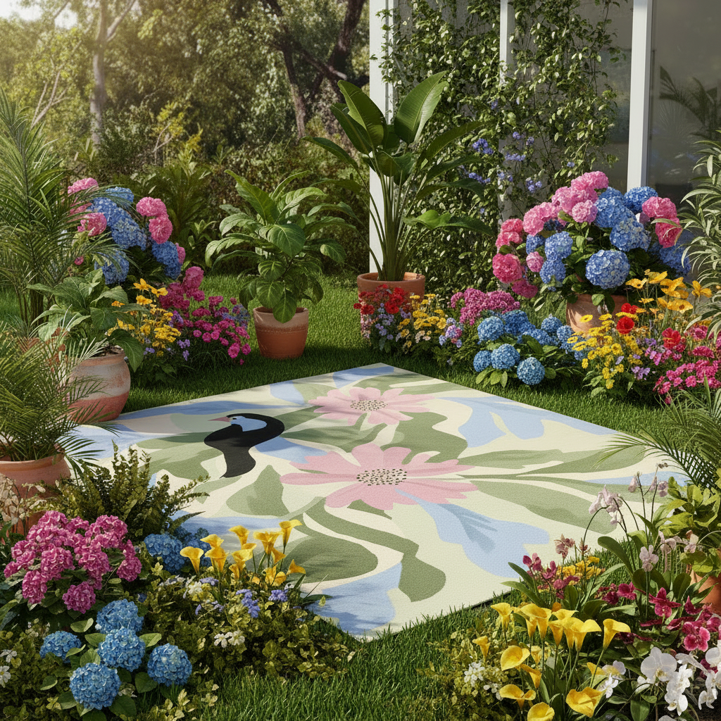 Garden scene with colorful flowers and a large floral rug.