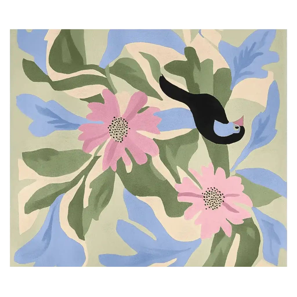 This vibrant area rug features a contemporary design with a bird and blooming flowers, perfect for large living room spaces. The hand-tufted wool rug showcases a blend of soft greens, pinks, and blues, adding a touch of nature and elegance to your decor.