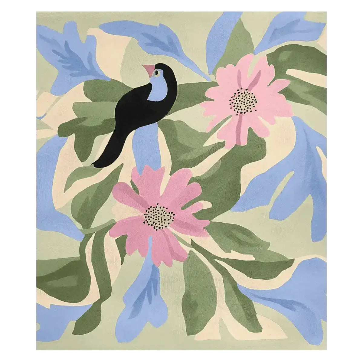 Vibrant 'Birdsong in Bloom' hand-tufted area rug featuring a contemporary design. The wool rug showcases a beautiful bird perched among large pink flowers and lush green leaves, perfect for a large living room.