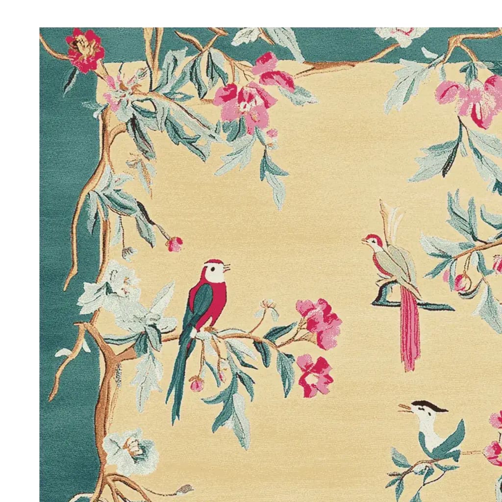 Birdsong Reverie Hand Tufted Area Rug featuring elegant birds perched on branches with vibrant pink flowers, set against a soft cream background. Perfect for large living room spaces, this wool rug adds a touch of nature-inspired charm to any decor.
