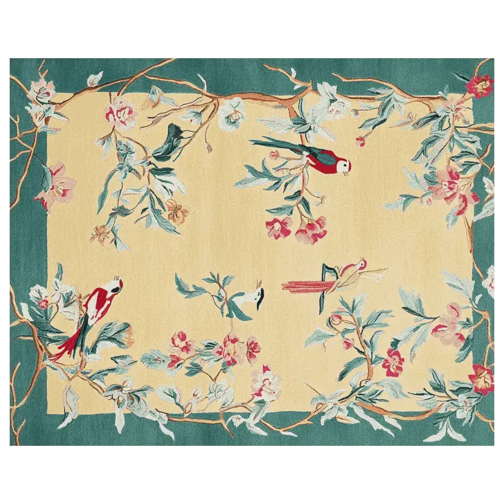 Birdsong Reverie Hand Tufted Rug showcasing a vibrant design of colorful birds and floral patterns on a soft wool texture. Ideal as a large living room rug, this area rug adds a touch of elegance and warmth to any space. Perfect for those seeking rugs for living room with a natural, artistic flair.