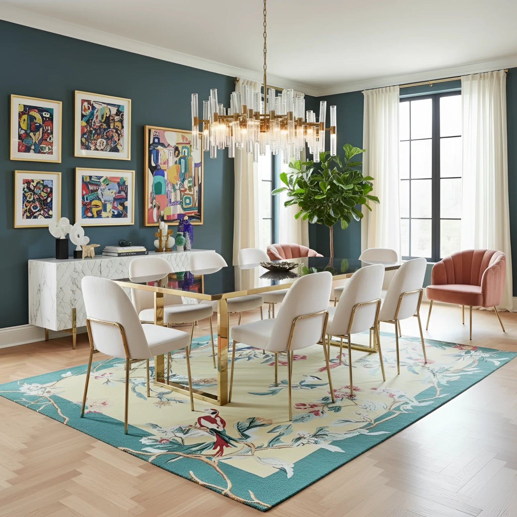 Modern dining room with a gold chandelier, colorful artwork, and a patterned rug.