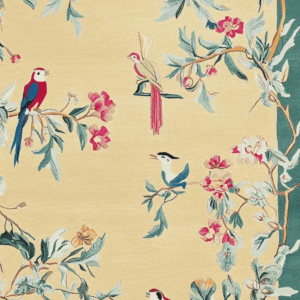Birdsong Reverie Hand Tufted Area Rug featuring a vibrant design with colorful birds and floral patterns, ideal for large living room rugs. This wool rug showcases intricate details, making it perfect for enhancing any living room space.