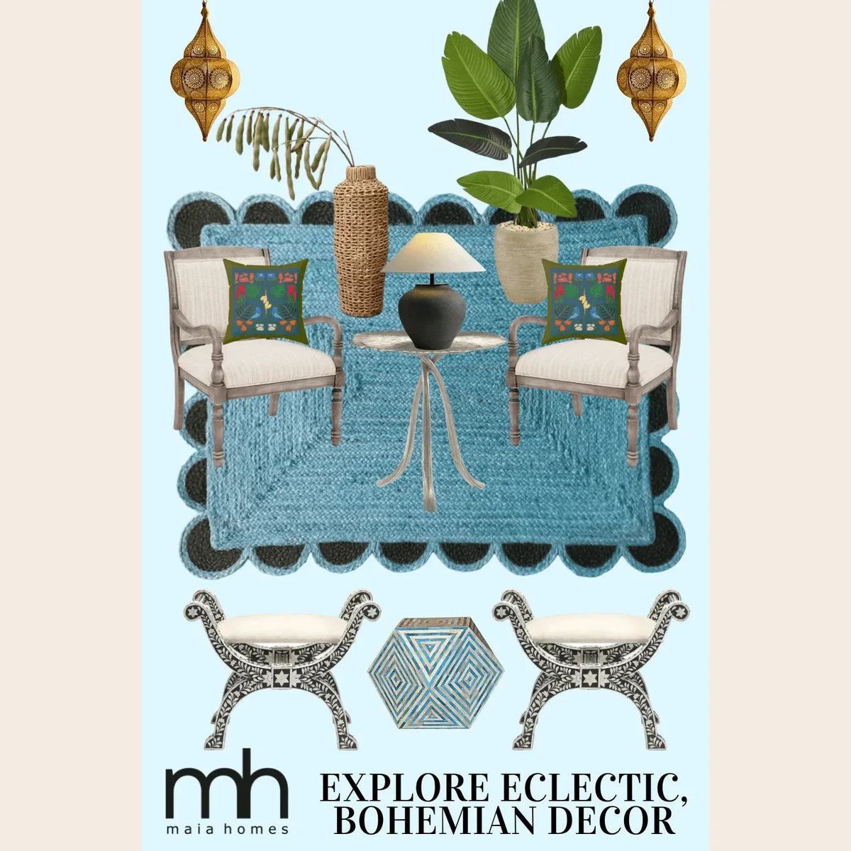 Black and Blue Scallop Jute Rug