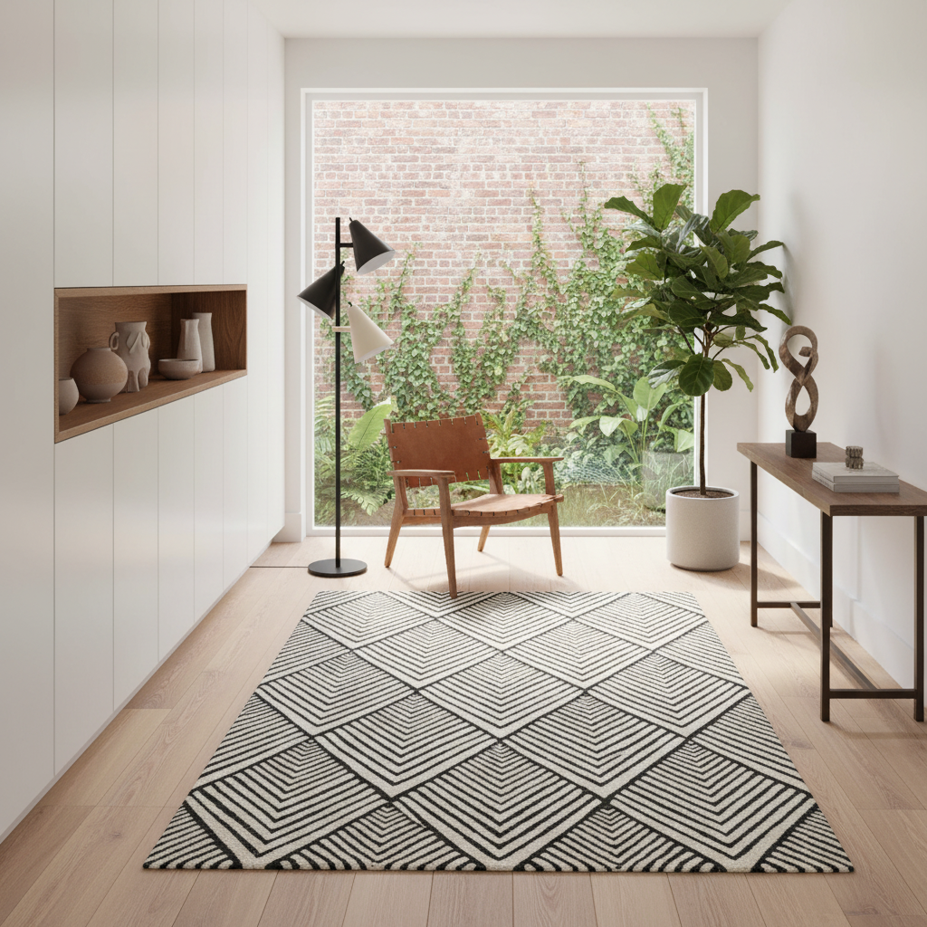 Black and Cream Art Deco Geometric Hand Tufted Wool Rug