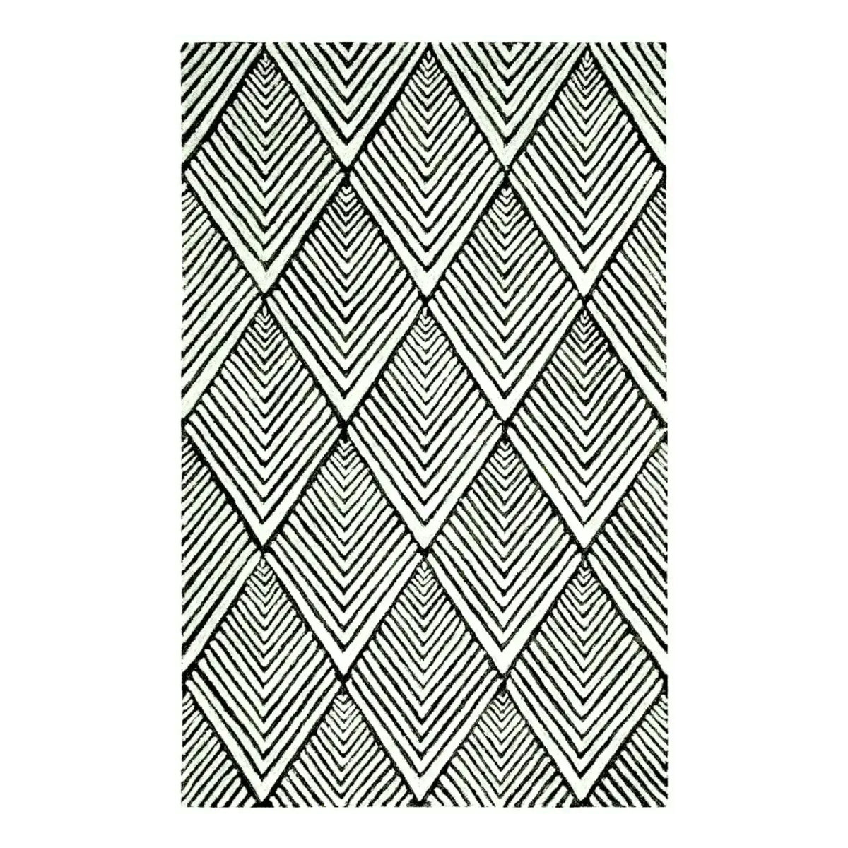 Top view of a Black and Cream Art Deco Geometric Hand Tufted Wool Rug showcasing an intricate diamond pattern. This stylish area rug is perfect for adding a touch of elegance to bedrooms and living rooms. Ideal as a wool rug for any modern home decor.