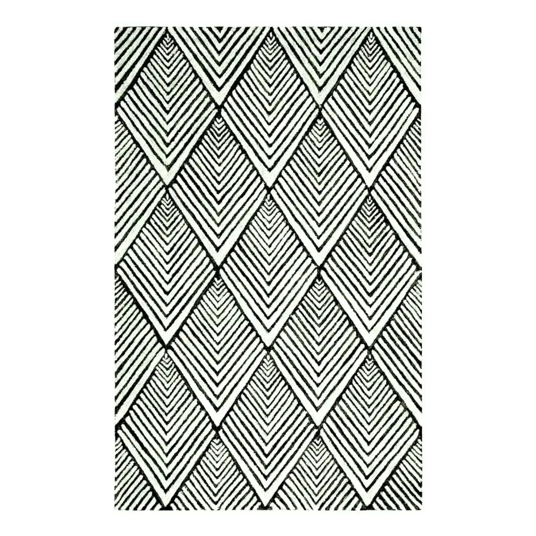 Top view of a Black and Cream Art Deco Geometric Hand Tufted Wool Rug showcasing an intricate diamond pattern. This stylish area rug is perfect for adding a touch of elegance to bedrooms and living rooms. Ideal as a wool rug for any modern home decor.