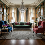Luxurious living room with green sofa, a contemporary wool rug, red armchair, and chandelier.