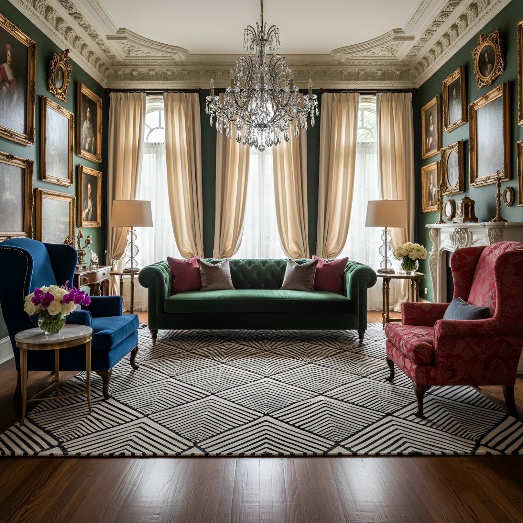 Luxurious living room with green sofa, a contemporary wool rug, red armchair, and chandelier.