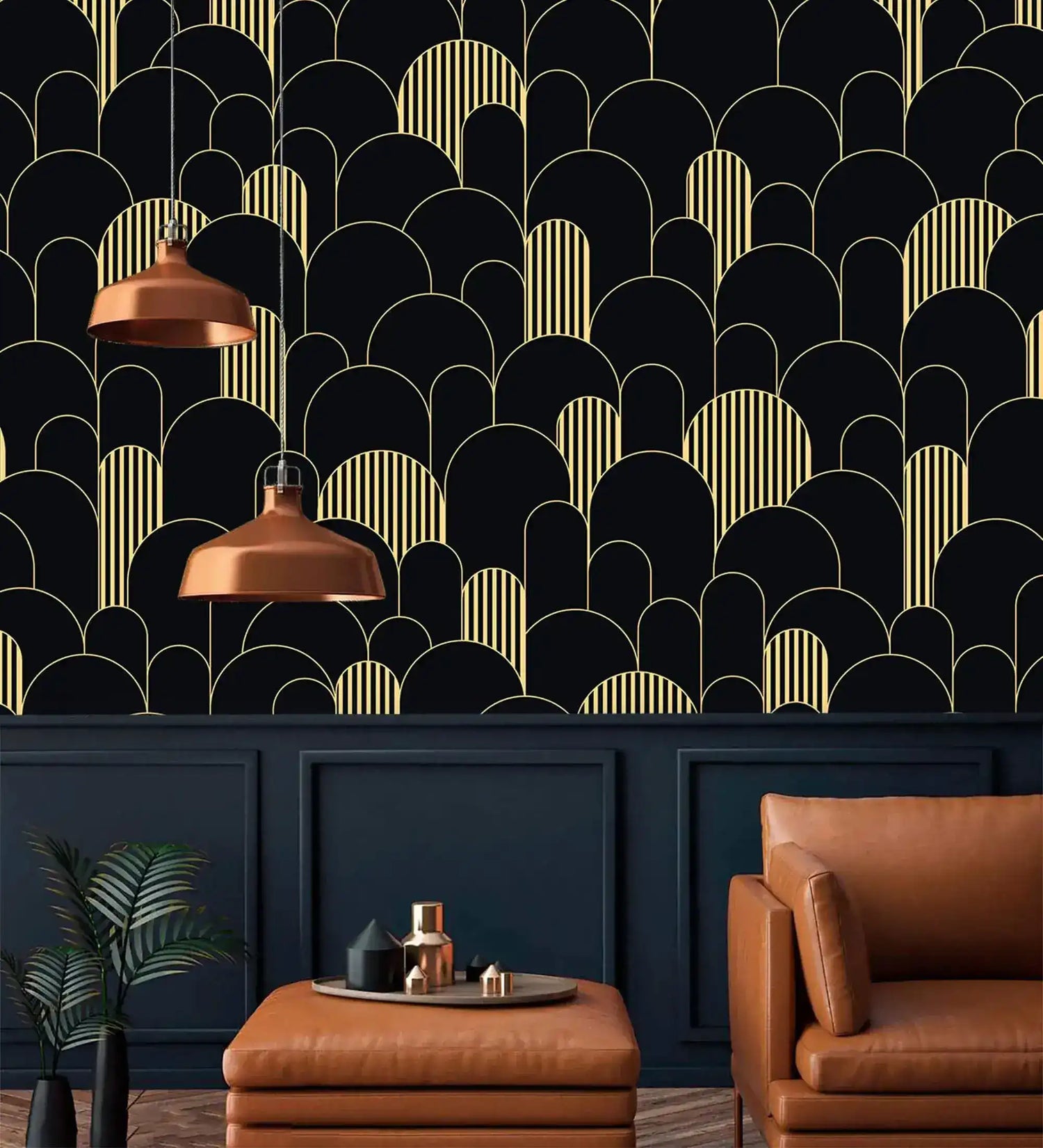 Black and gold art deco arch wallpaper above navy wainscoting with copper pendants and tan leather seating