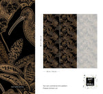 Black and gold bird wallpaper detail and size guide showing pattern repeat dimensions