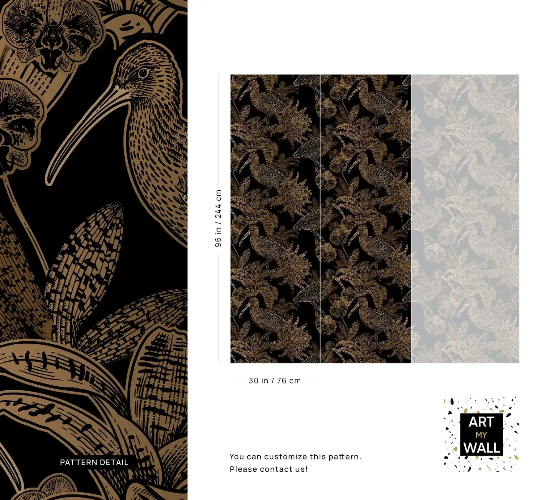 Black and gold bird wallpaper detail and size guide showing pattern repeat dimensions