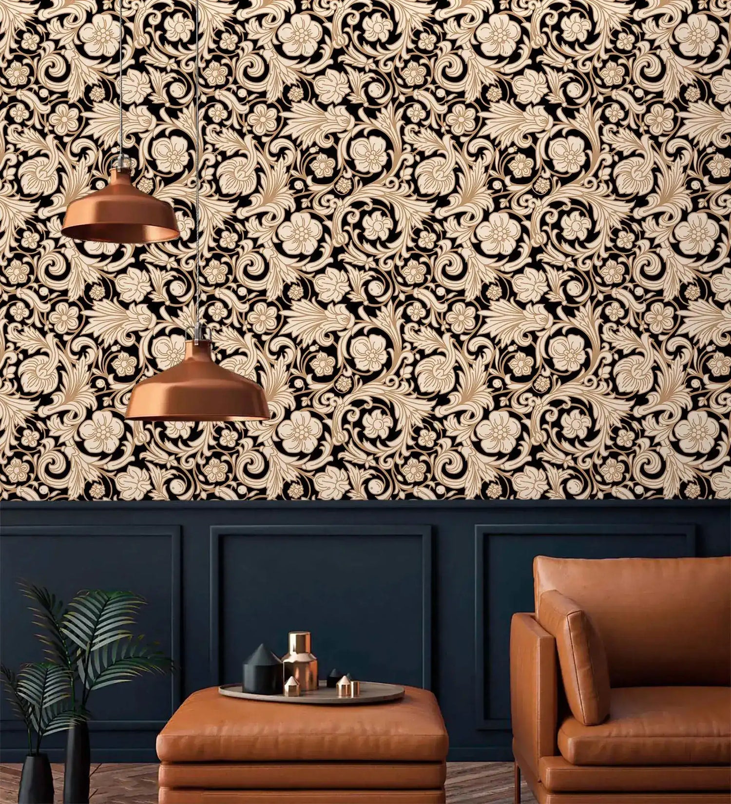 Black and gold damask floral scroll wallpaper above navy panelling with copper lamps and tan leather