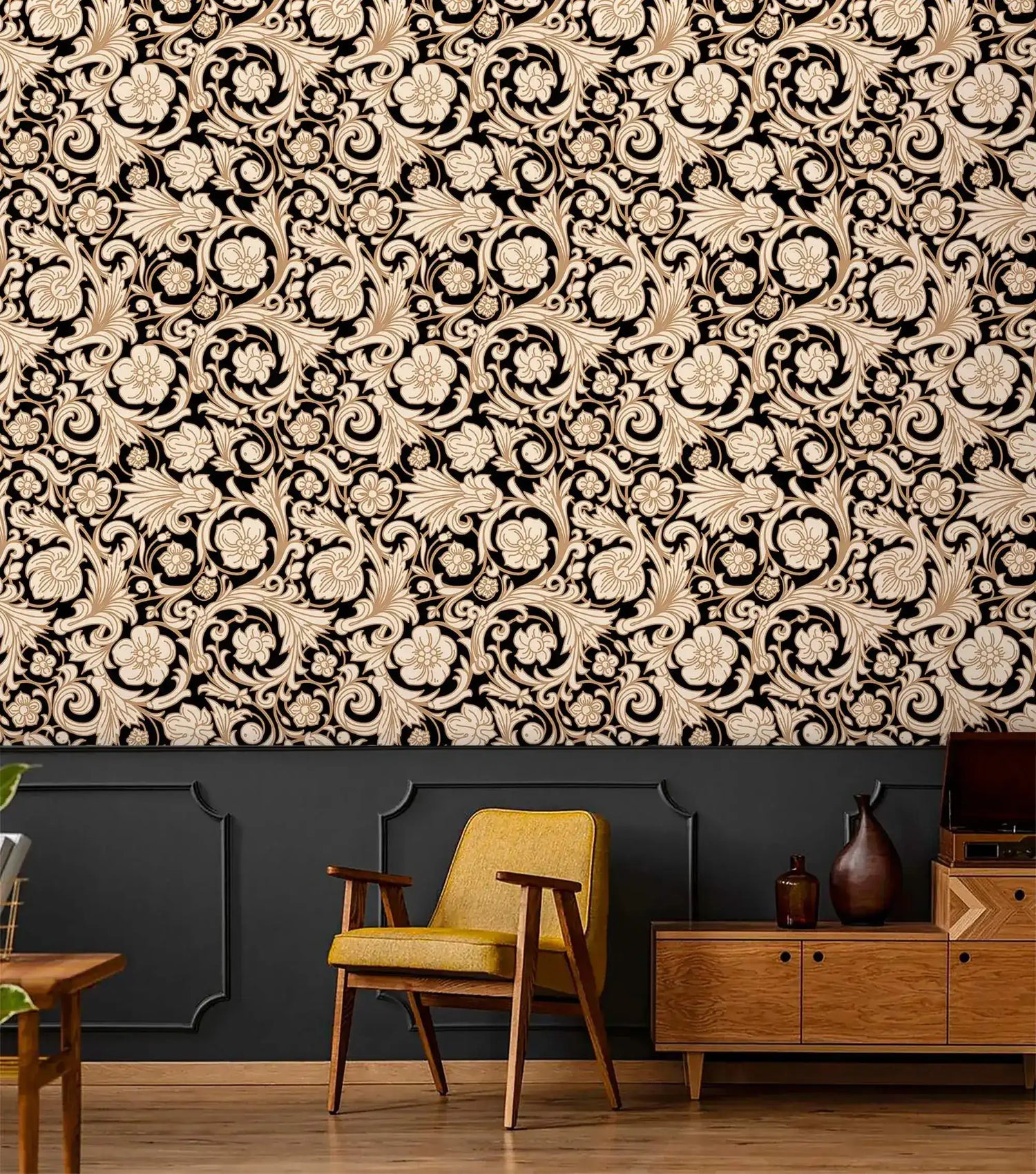 Black and gold damask floral wallpaper above charcoal panelling with yellow chair and wood sideboard