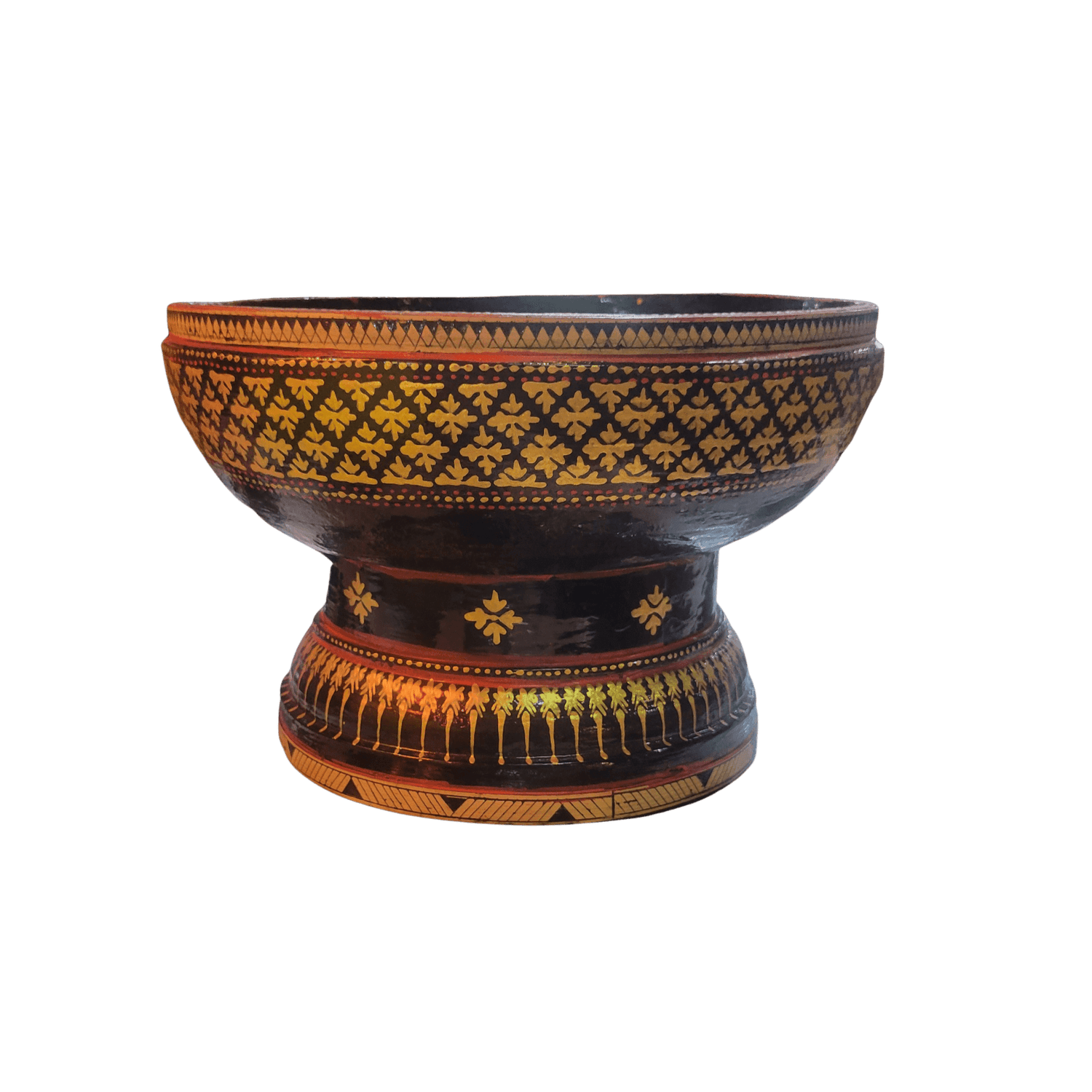 Black and Gold Hand Painted Wooden Bowl with Pedestal