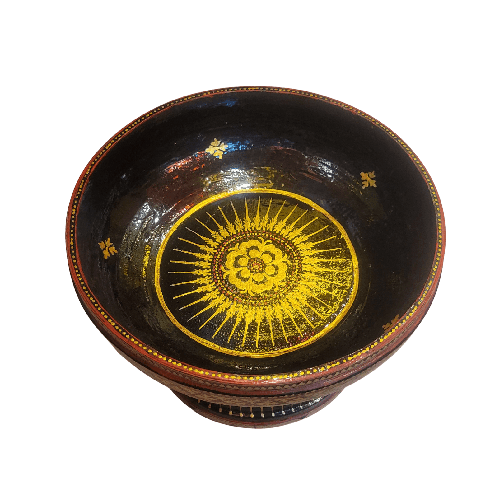 Black and Gold Hand Painted Wooden Bowl with Pedestal