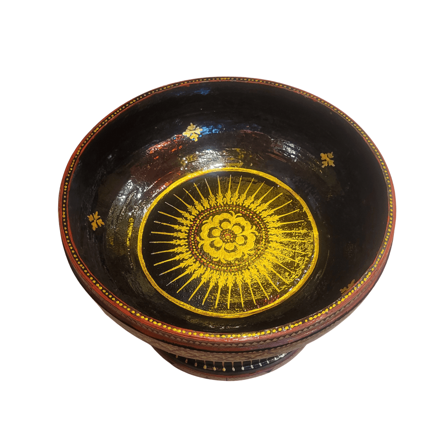 Black and Gold Hand Painted Wooden Bowl with Pedestal - MAIA HOMES