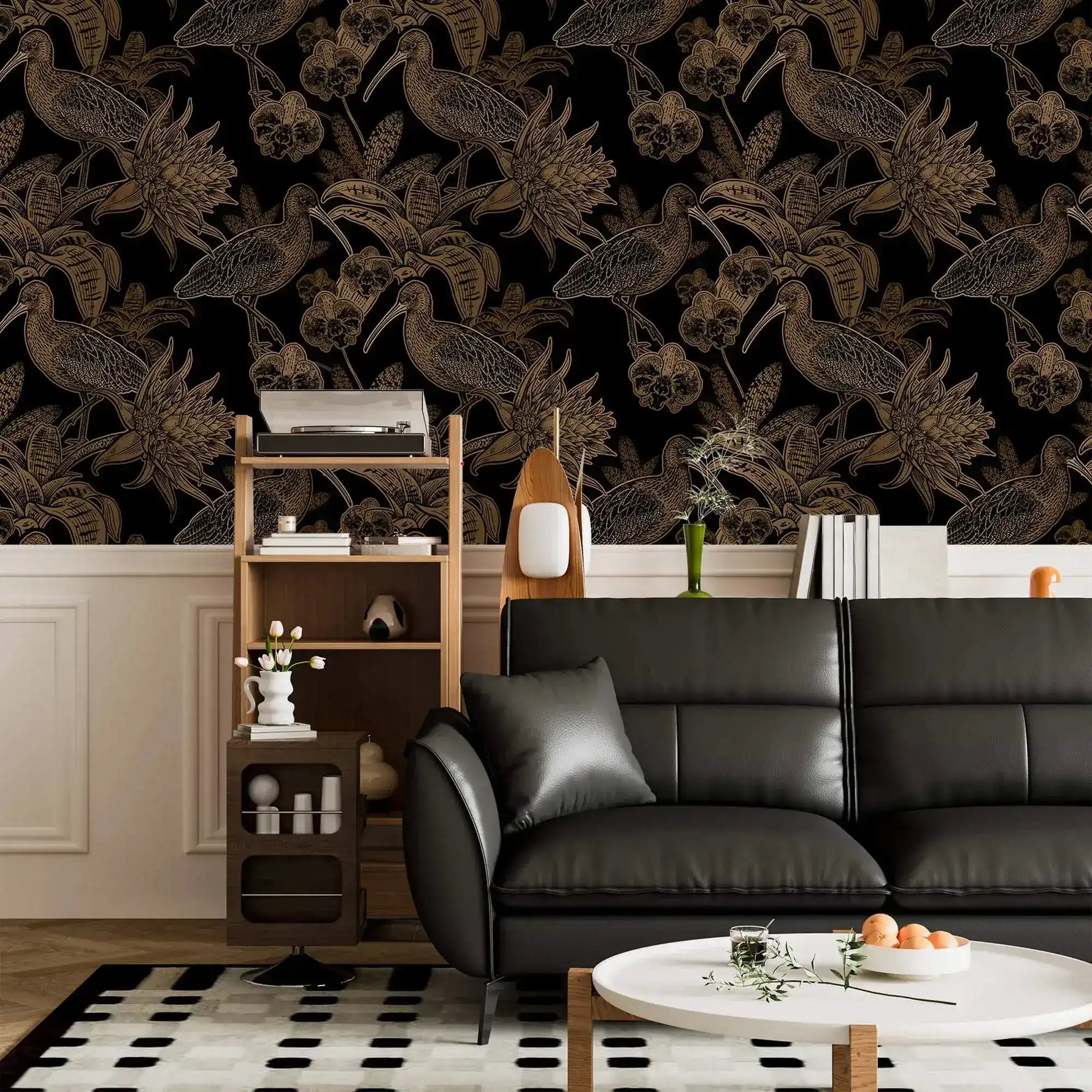 Black and gold line-art bird wallpaper above white panelling with black leather sofa and shelf