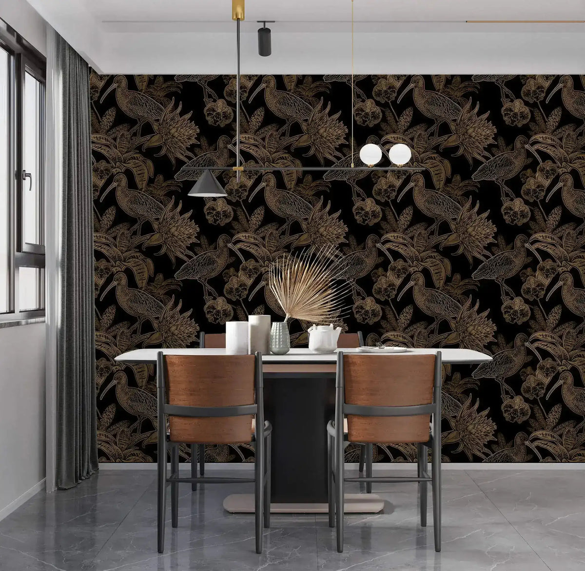 Black and gold line-art bird wallpaper in dining room with white table, brown chairs and pendant light