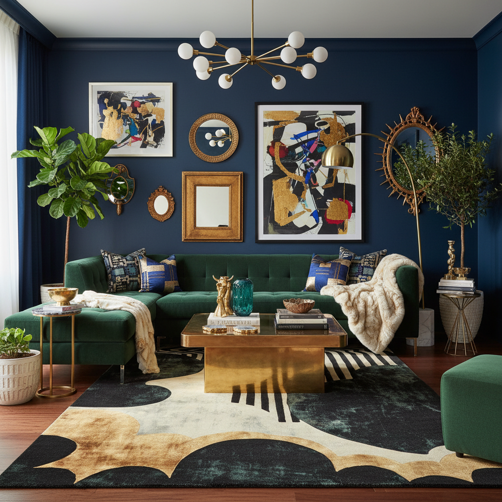 Modern living room with dark blue walls, green sofa, and decorative elements.