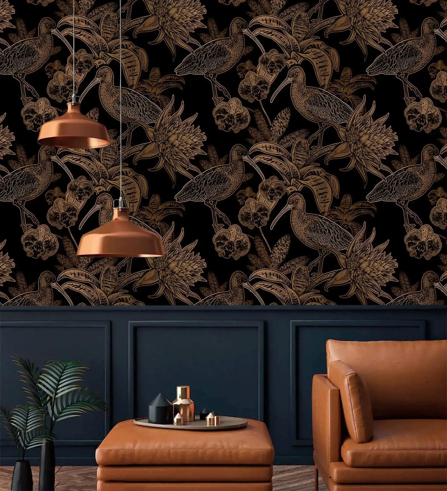 Black and gold wallpaper with line-art birds and blooms above navy panelling with copper lamps and tan leather