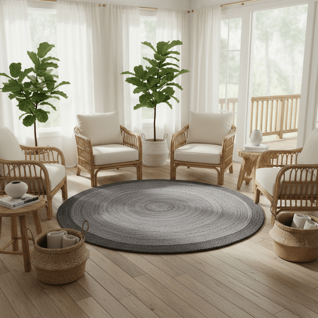 Black and Gray Round Jute Rug