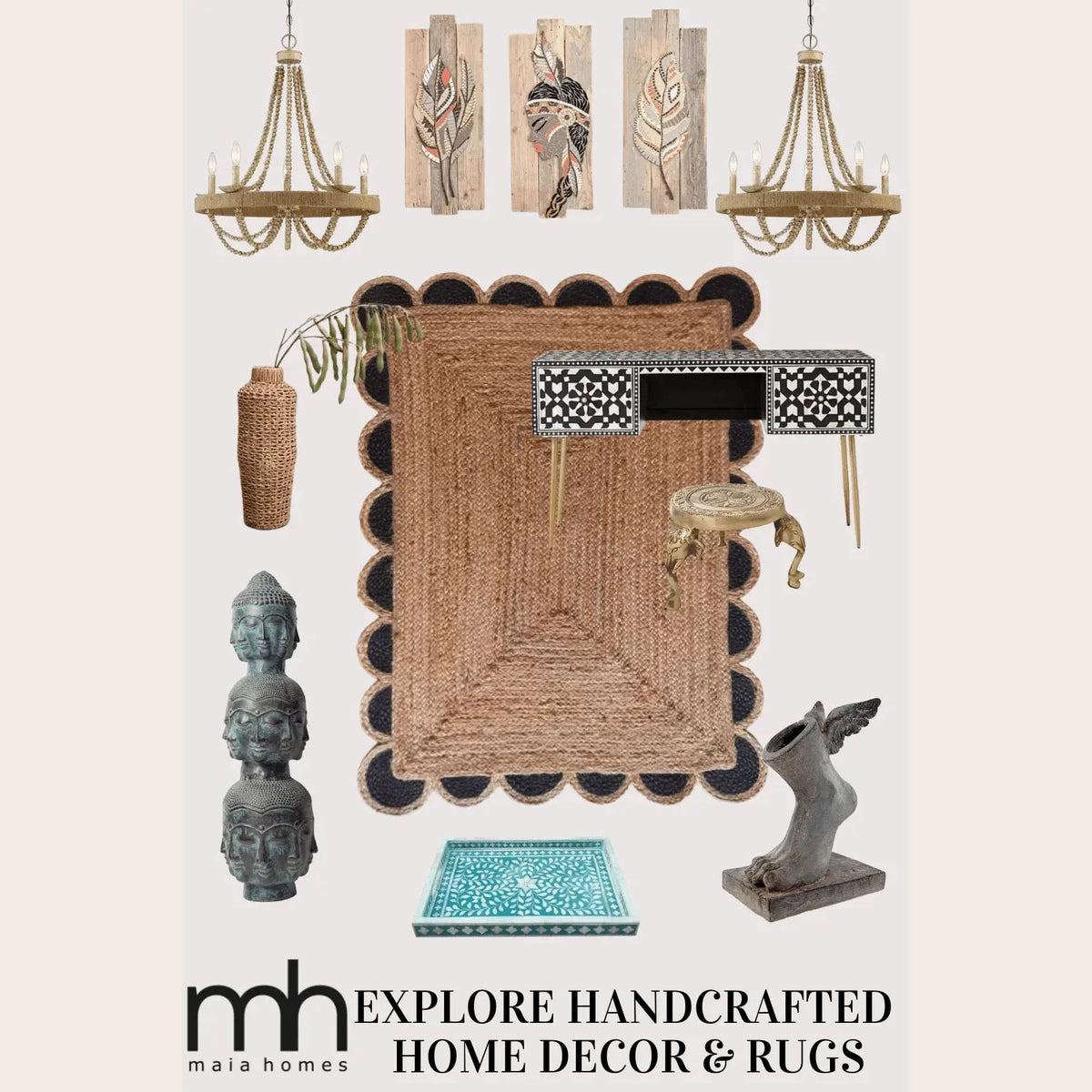 Black and Natural Scallop Jute Rug