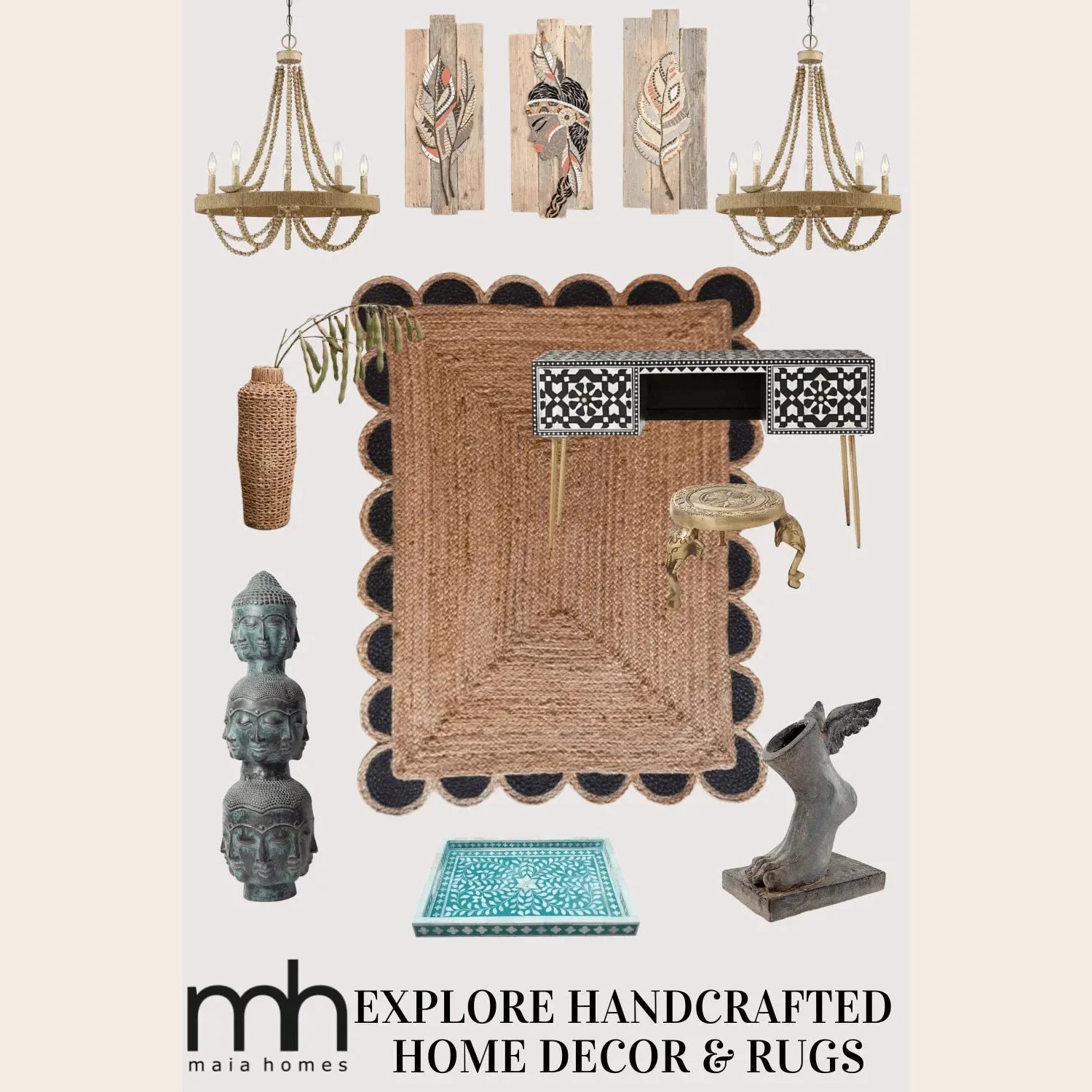 Black and Natural Scallop Jute Rug