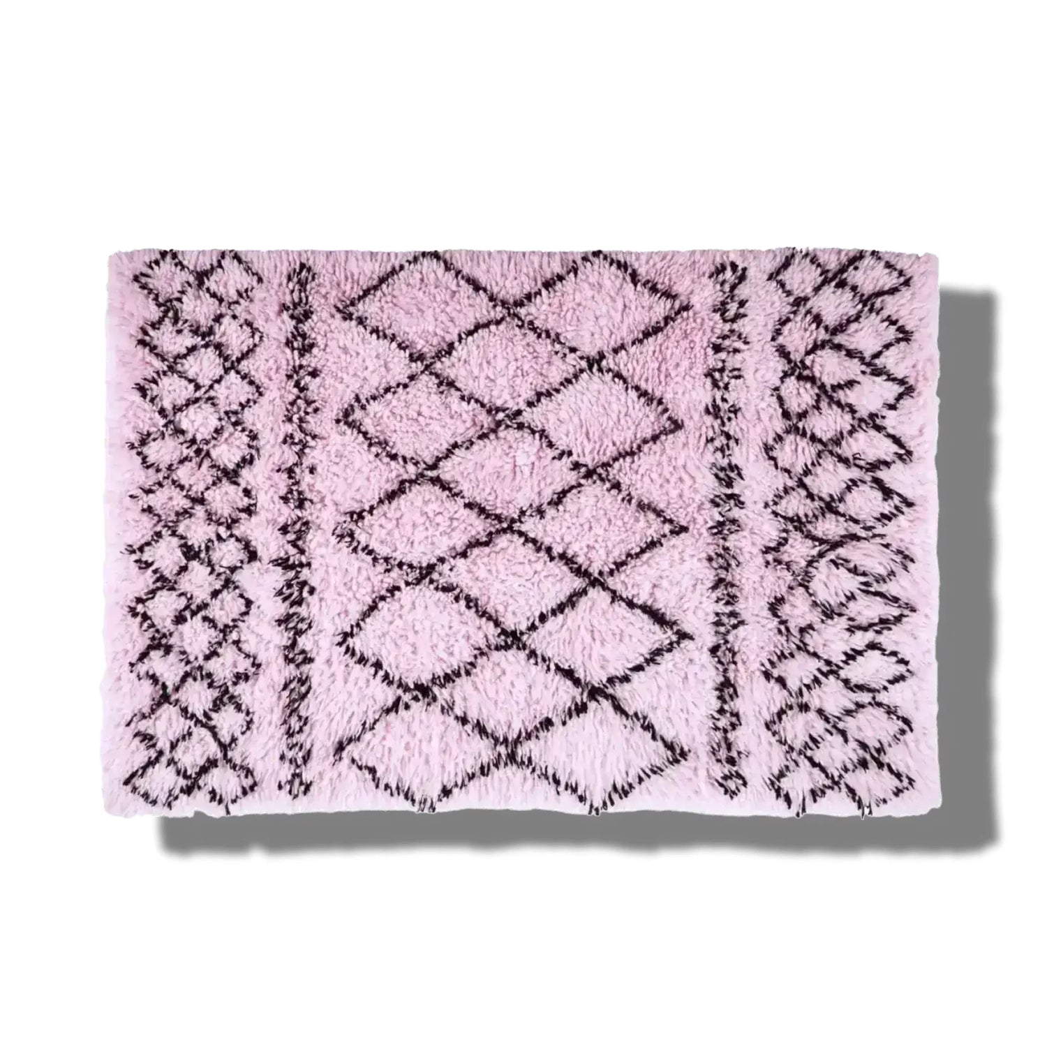 A stylish black and pink diamonds shaggy wool area rug, perfect as a runner rug for bathrooms, kitchens, or hallways. The plush wool texture adds a cozy touch, making it ideal for kitchen runner rugs and adding warmth to any space.