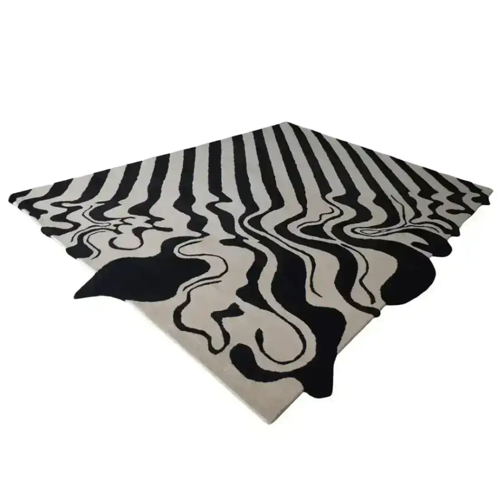 Black and Tan Melting Hand Tufted Wool Rug featuring an abstract design with flowing black patterns on a tan background, perfect as a large area rug for a dining room or under a dining table, adding a touch of vintage elegance to dining room carpets.