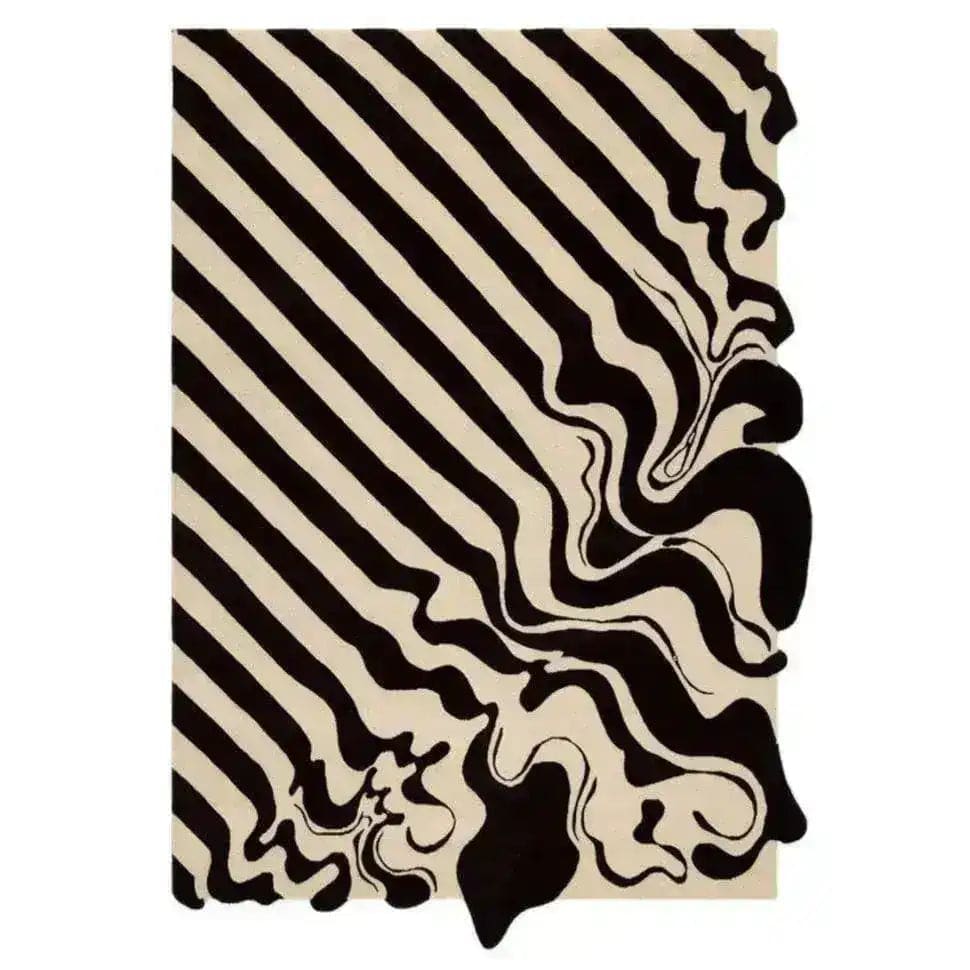 Top view of a Black and Tan Melting Hand Tufted Wool Area Rug, featuring a striking abstract design with black and tan stripes flowing into a melting pattern. Perfect for adding a modern touch to living rooms, this wool rug is a stylish choice for area rugs in living spaces.