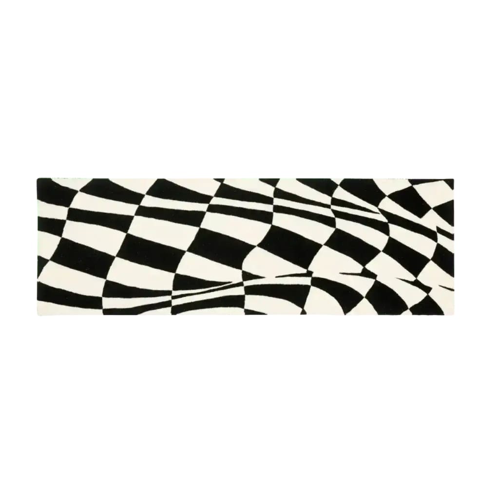 Black and White Abstract Curvy Checker Hand Tufted Wool Rug Runner