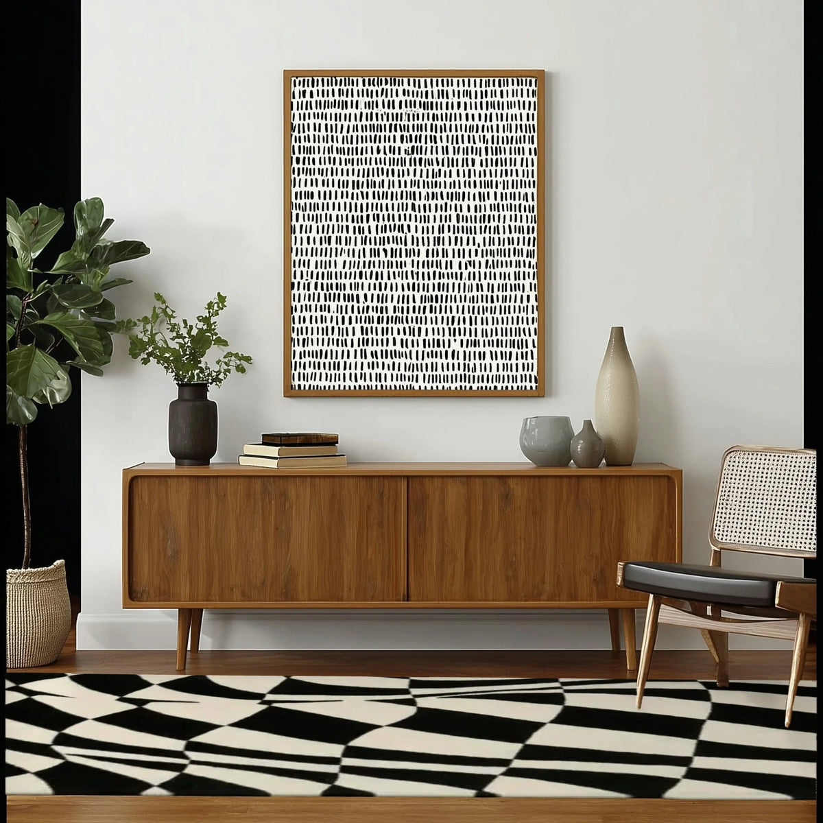 Black and white abstract curvy checker wool rug runner in modern room with wood credenda, rattan chair and fiddle fig plant