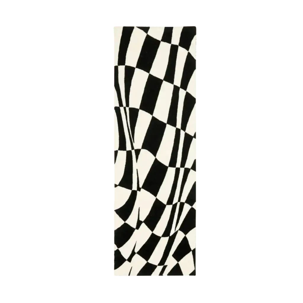 Black and White Abstract Curvy Checker Hand Tufted Wool Rug Runner