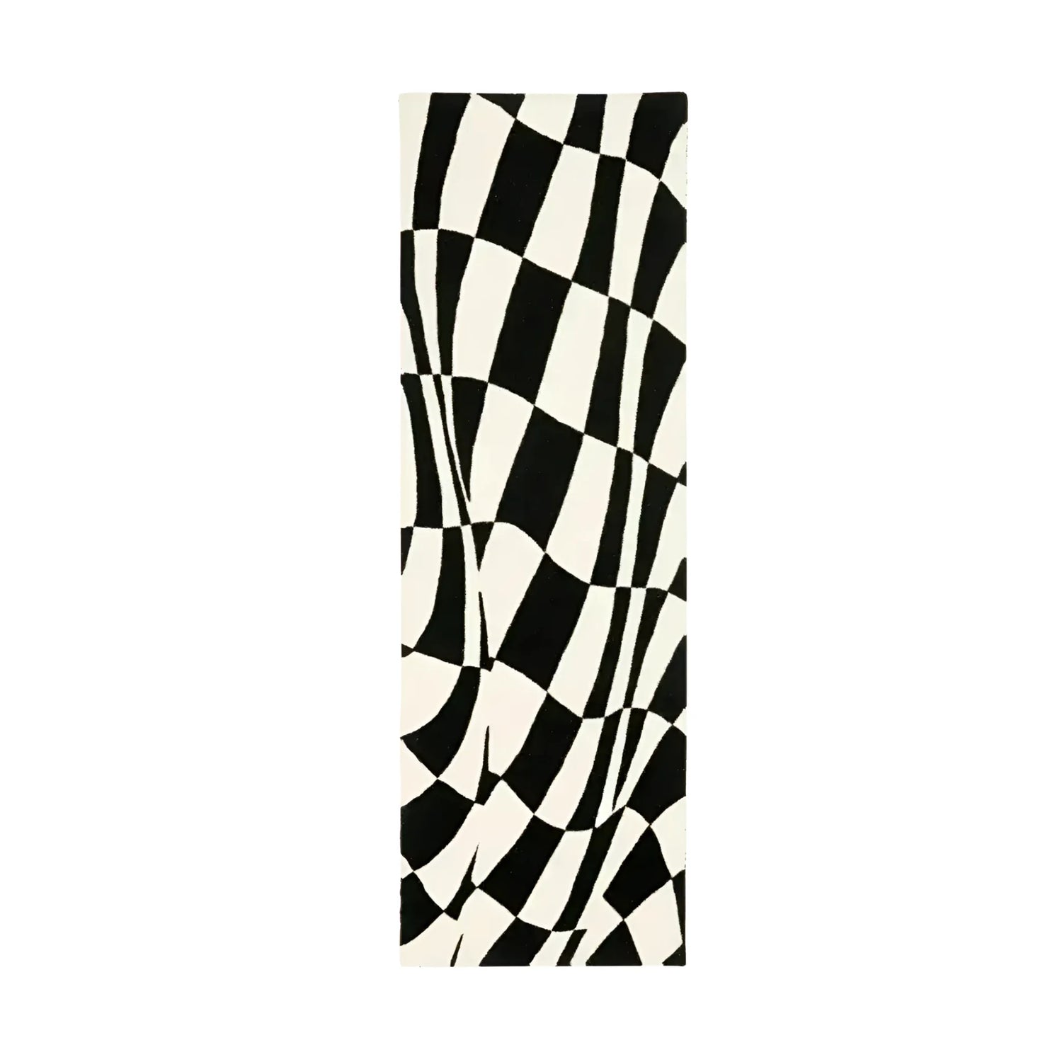 Black and White Abstract Curvy Checker Hand Tufted Wool Rug Runner
