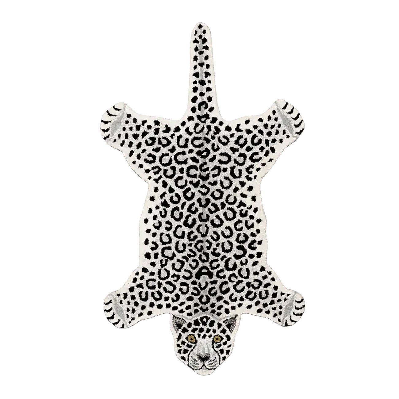 Stylish black and white hand-tufted leopard-shaped wool rug, perfect for adding a bold statement to your dining room or living room. This unique area rug enhances any living room space with its striking design, making it a must-have among rugs for living room decor.
