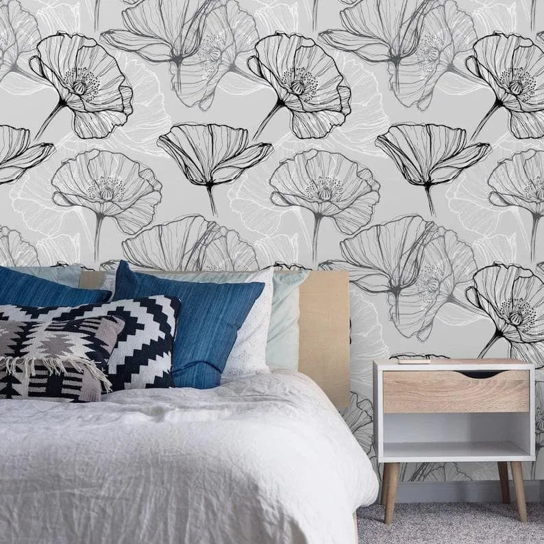 Black and White Poppy Floral Wallpaper