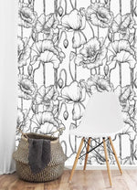 Black and White Poppy Floral Wallpaper