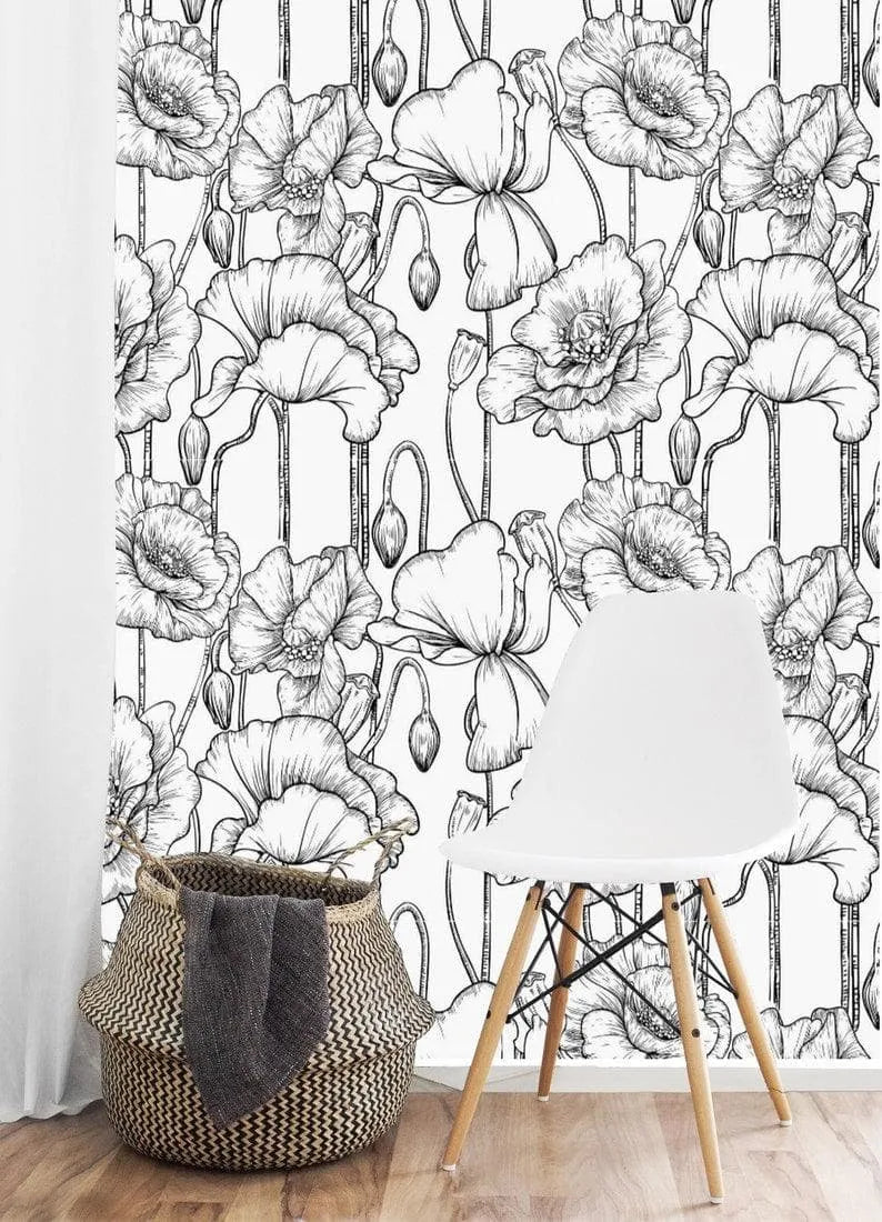 Black and White Poppy Floral Wallpaper