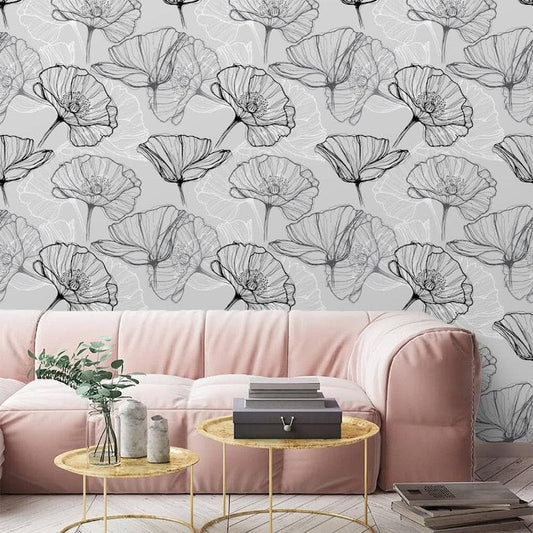 Black and White Poppy Floral Wallpaper - MAIA HOMES