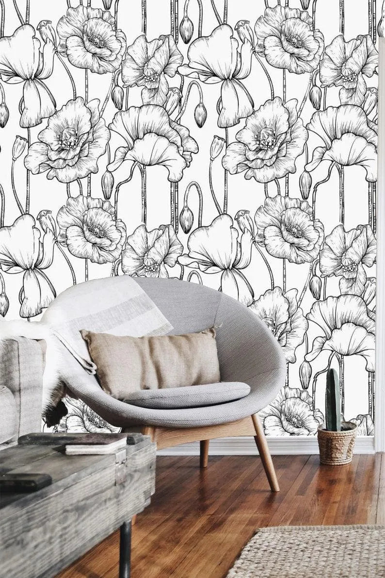 Black and White Poppy Floral Wallpaper