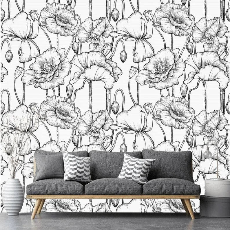 Black and White Poppy Floral Wallpaper